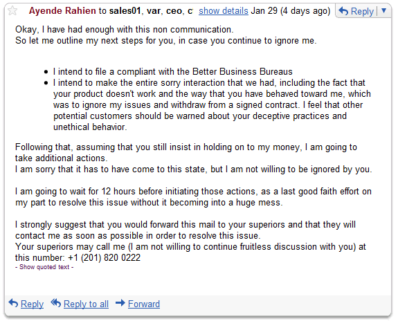 Open Letter To Xheo That Is Not A Good Way To Do Business Ayende Rahien