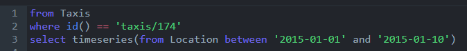 from Taxis where id() == 'taxis/174' select timeseries(from Location between '2015-01-01' and '2015-01-10')